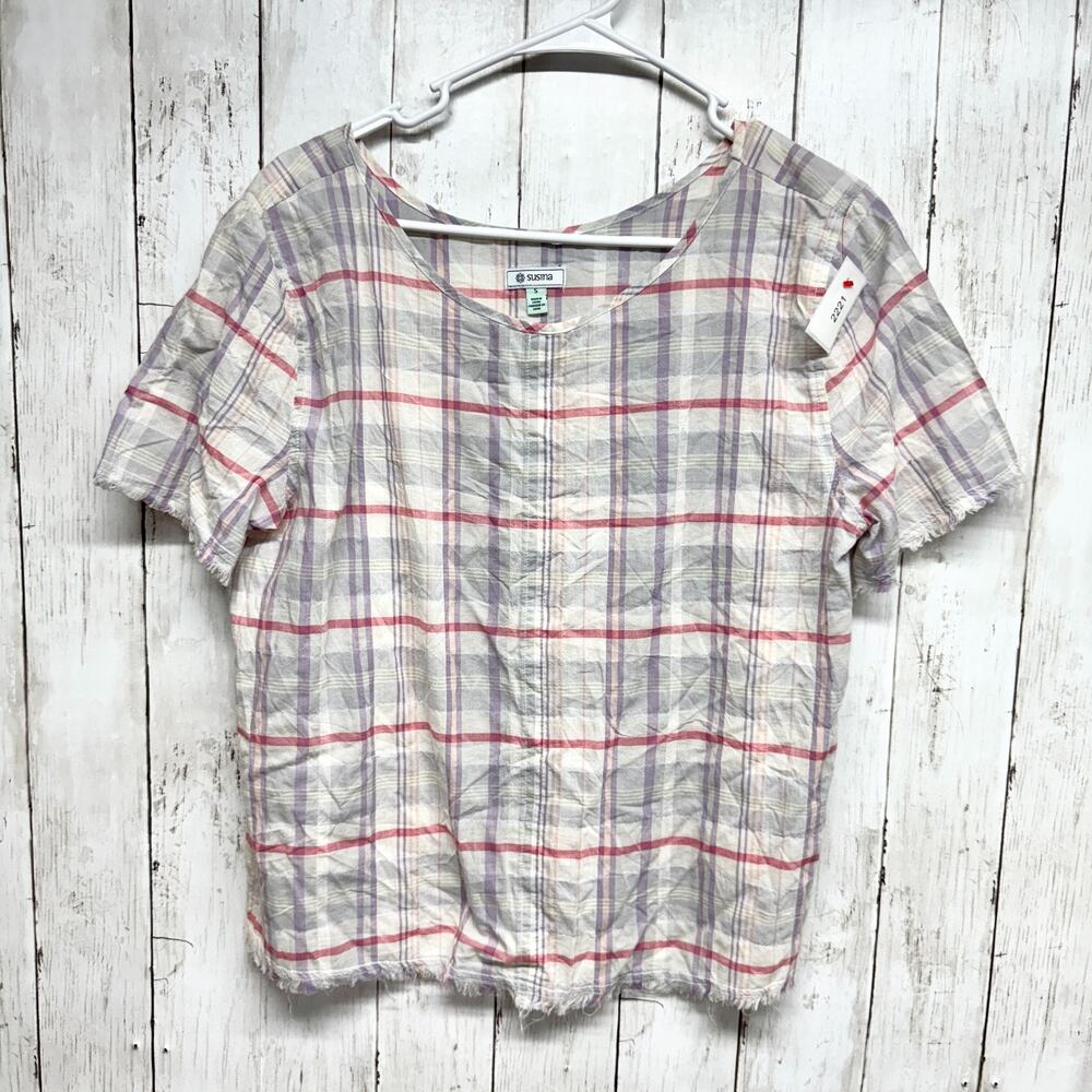 Susina Top Women Size Small Multicolor Plaid Short Sleeve Blouse Raw‎ Hem Casual